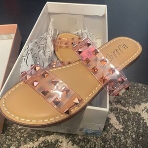 Wild Pair Ginniev Rose Gold Studded Clear Slide Sandals 7.5M New With Box